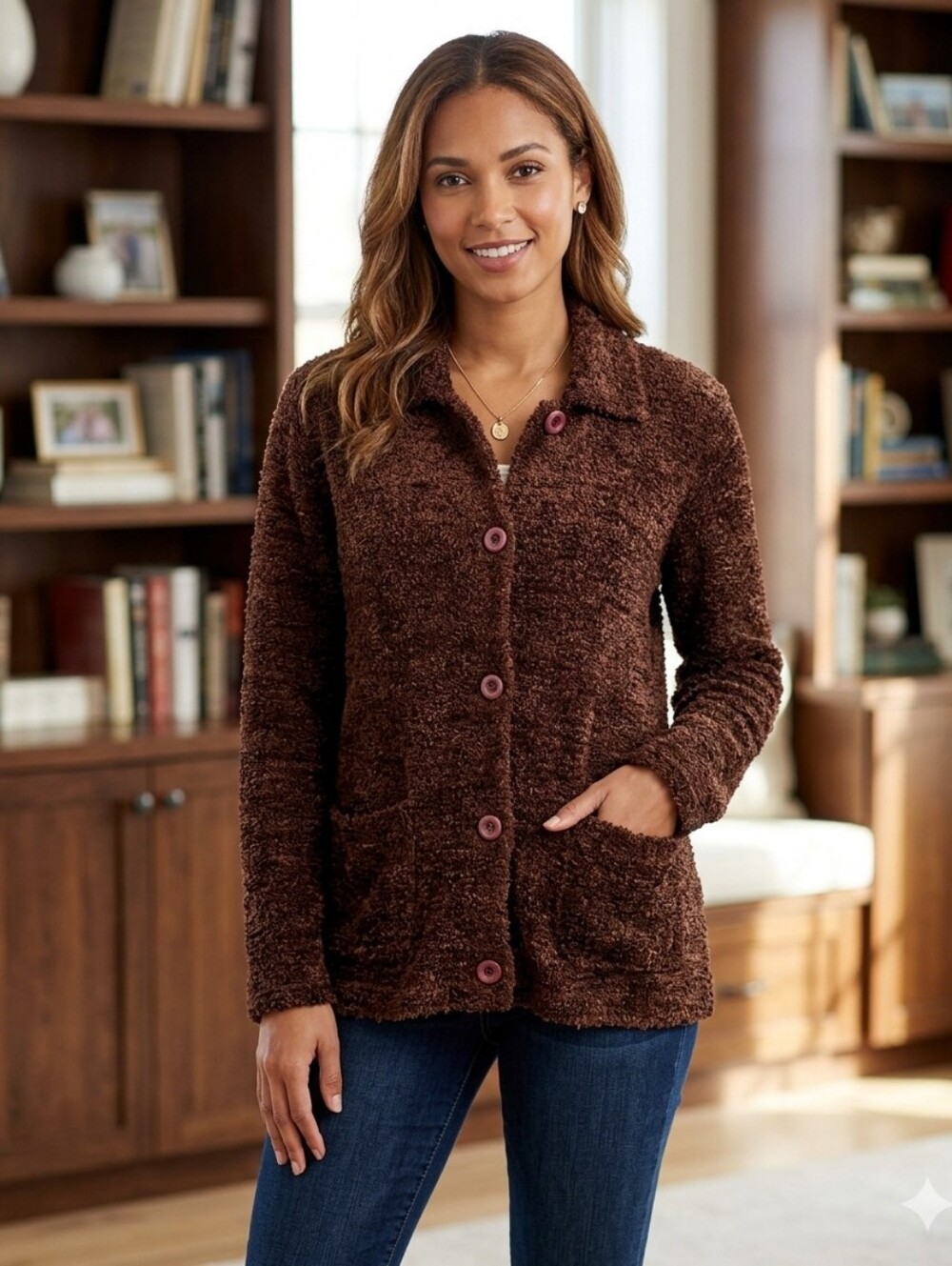 Focus Boucle Button Up Cardigan Sz XL Brown